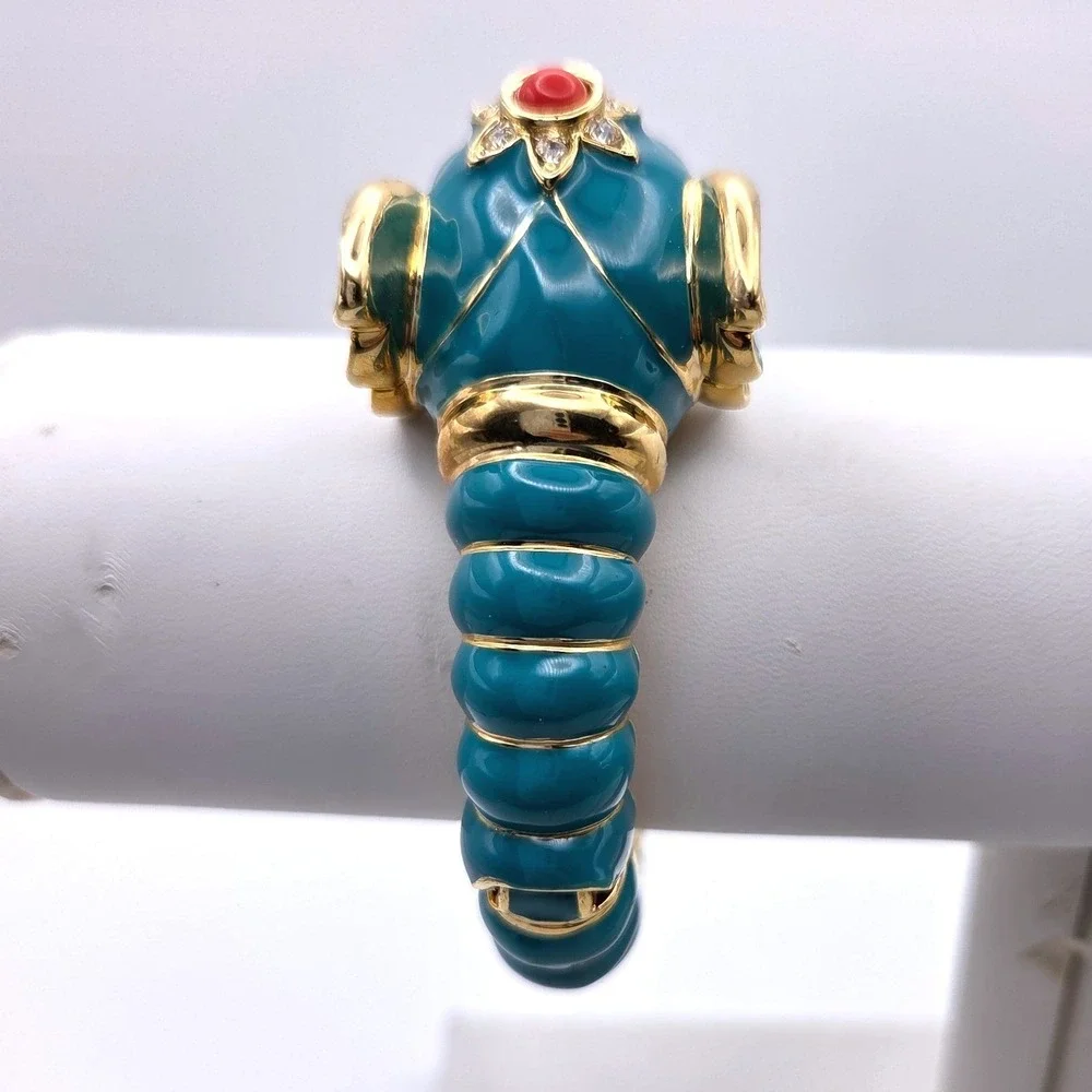 VTG Kenneth Jay Lane KJL Teal Enamel Elephant Hinge Bangle Bracelet Gold Tone - Picture 5 of 9